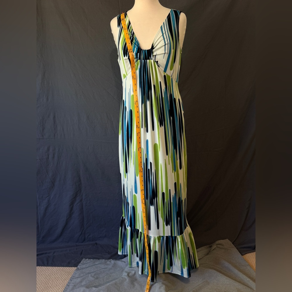 Jonathan Martin Vtg 90’s Abstract Maxi Dress Sz 12 Blue Green Watercolor Ruffle - Picture 2 of 9
